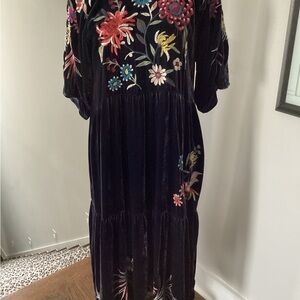 Johnny Was Navy “Tiarei” Velvet Dress with Colorful Embroidery
